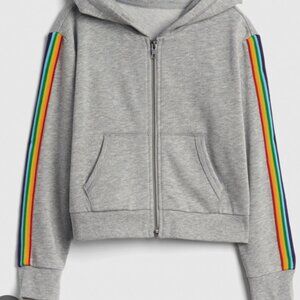 🌈🩶 Gap Kids Zip-Up Hoodie – Grey with Rainbow Stripes – Size S (6–7) 🩶🌈